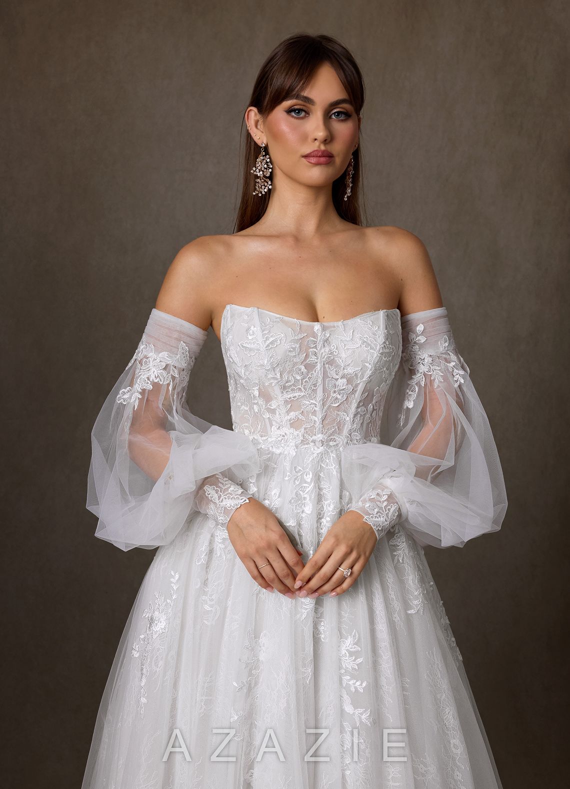 Azazie Elowyn Diamond White Ball-Gown Strapless Lace Dress diamond_white