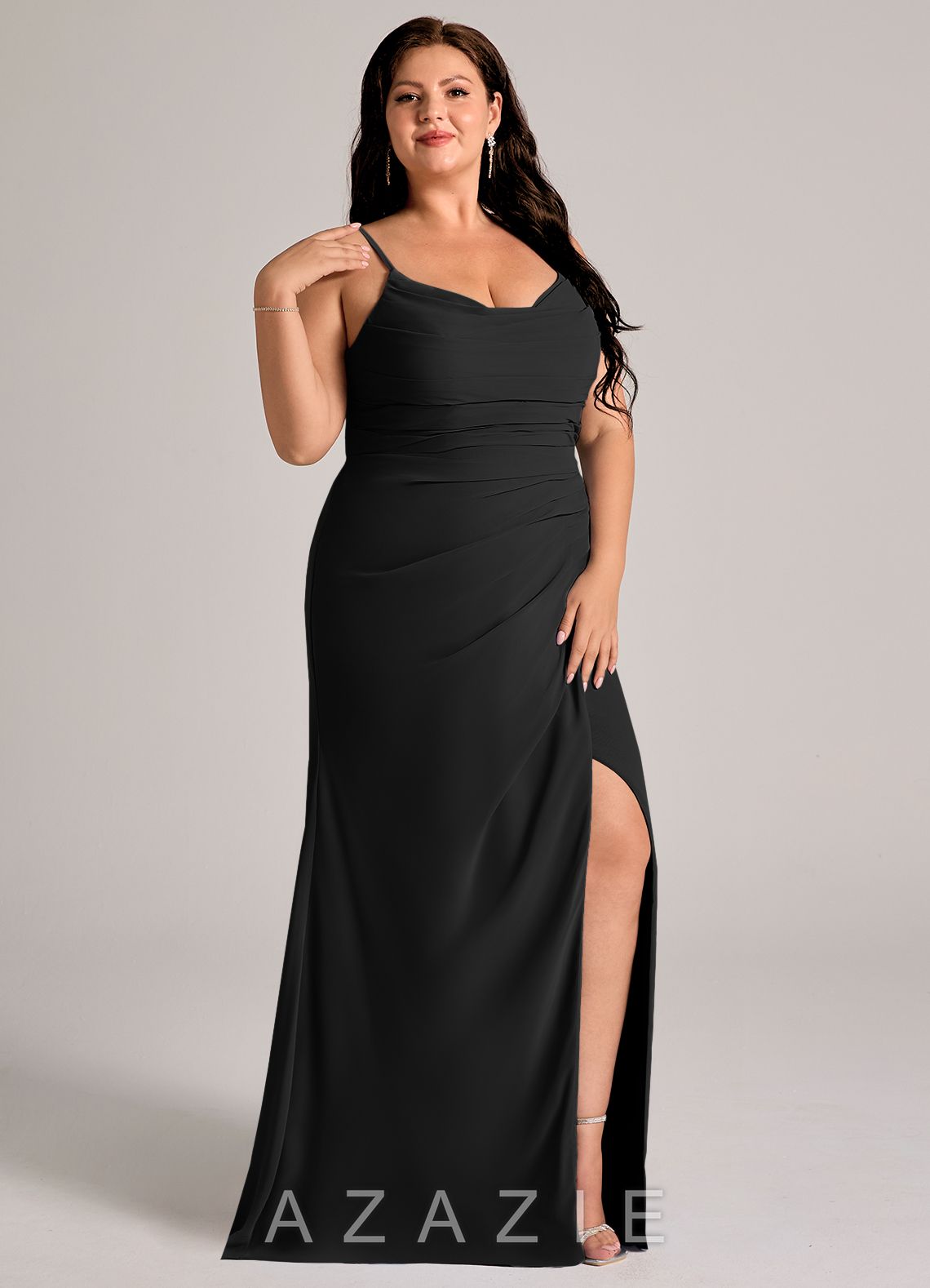 Azazie Deandra Black Mermaid Pleated Chiffon Dress black