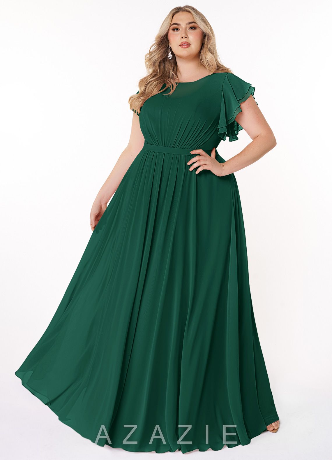 Azazie Daphne A-Line Ruffled Chiffon Floor-Length Dress emerald