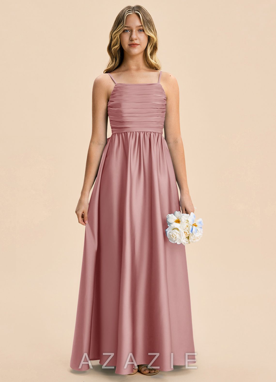 Azazie Kai Junior Dusty Rose A-Line Pleated Stretch Satin Dress