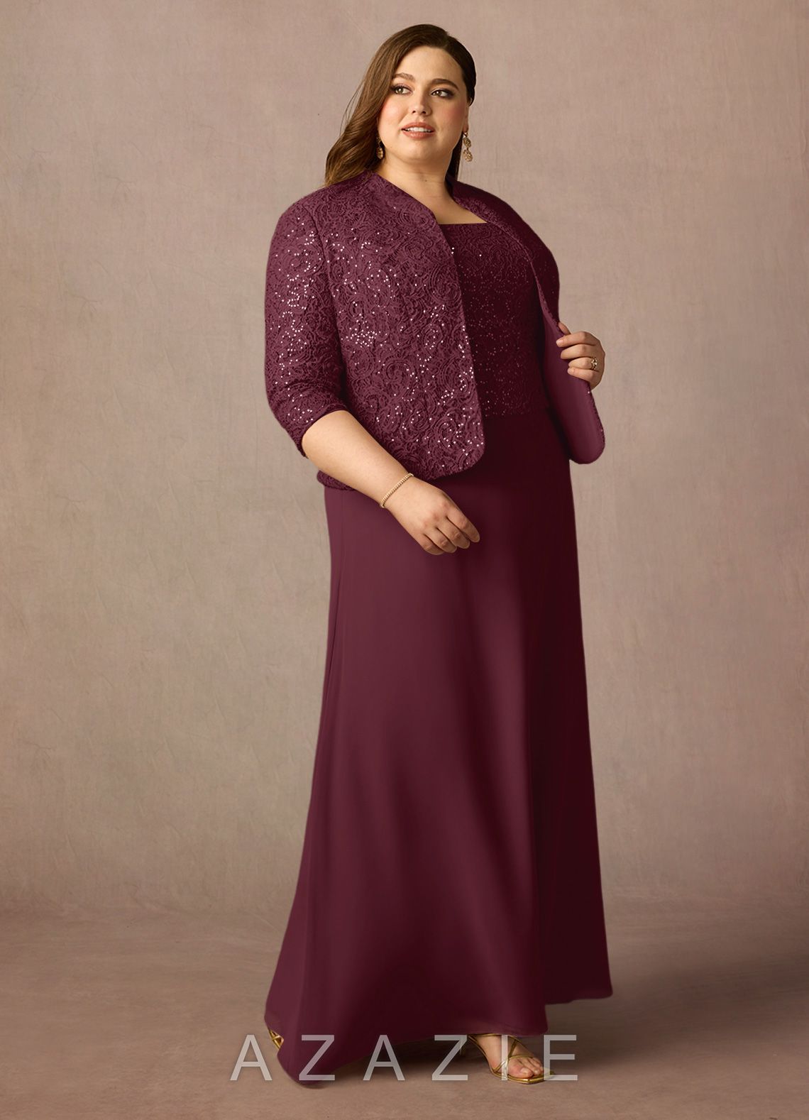 Azazie Cornelia Cabernet Sheath Square Neckline Sequins Chiffon Dress cabernet