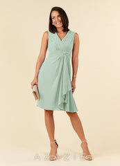 Azazie Theron Agave A-Line V-Neck Pleated Chiffon Dress
