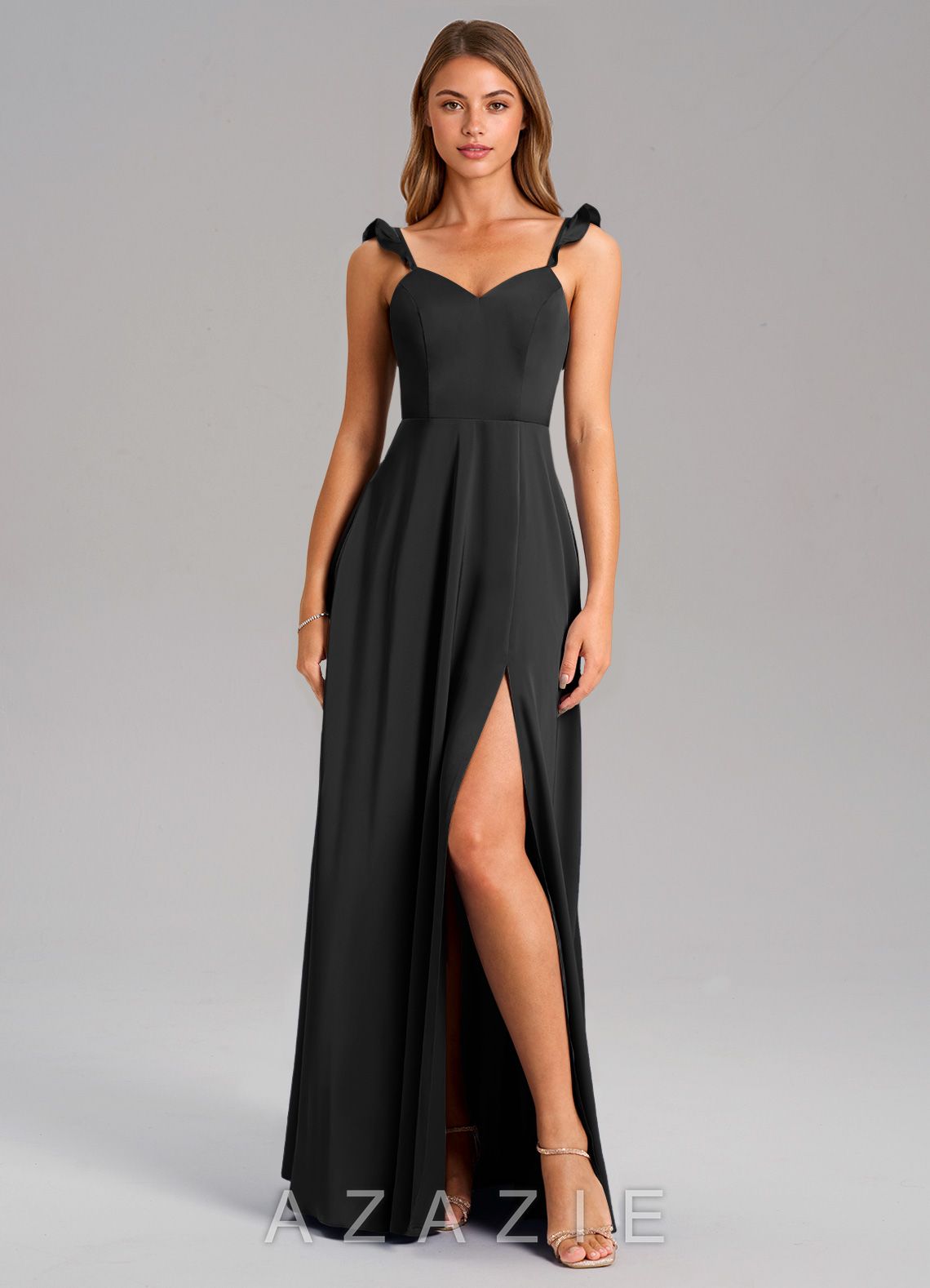 Azazie Everett Black A-Line Stretch Satin Dress black