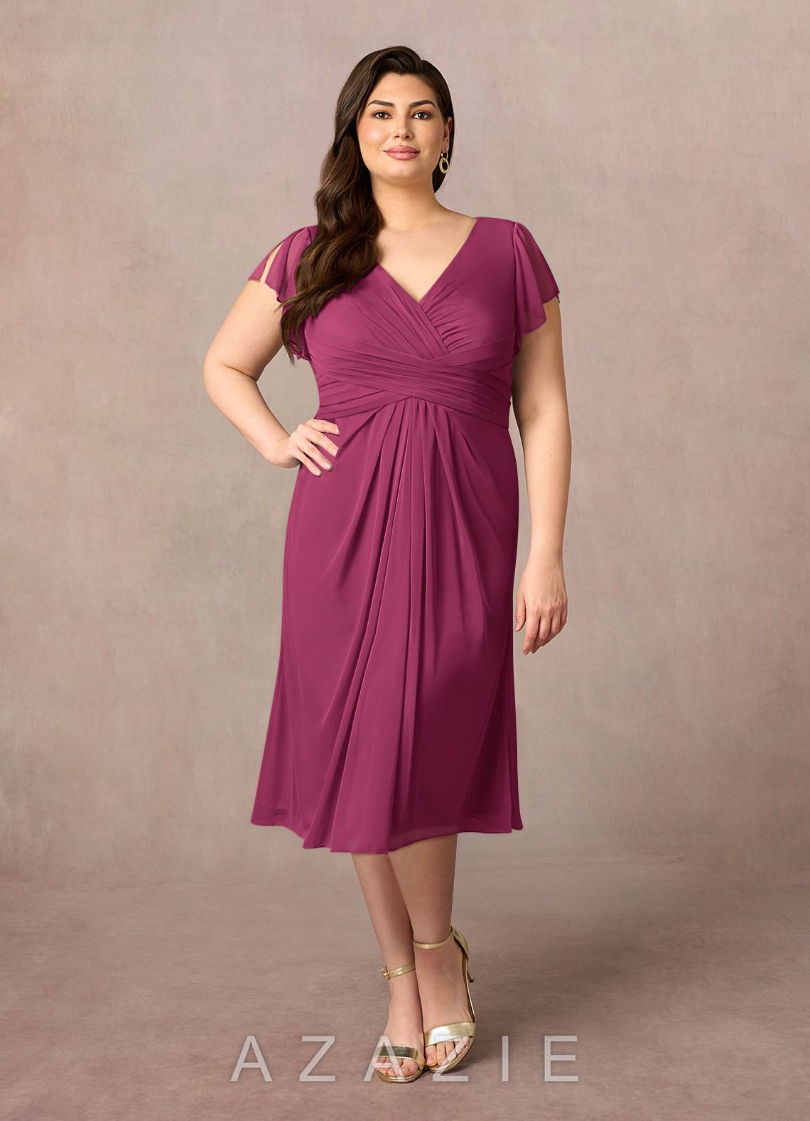 Azazie Vera Mulberry A-Line V-Neck Pleated Mesh Dress mulberry