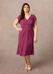 Azazie Vera Mulberry A-Line V-Neck Pleated Mesh Dress mulberry