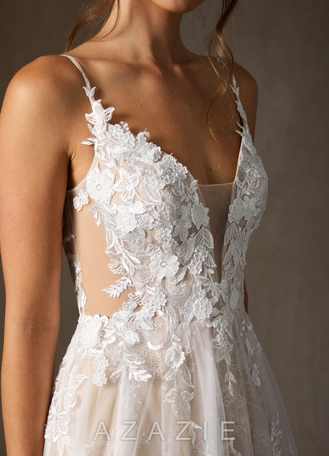 Azazie Monda Wedding Dress Diamond White Champagne A-Line Lace Tulle Dress