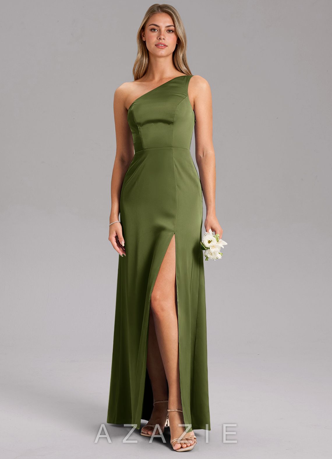 Azazie Phaedra Olive A-Line One Shoulder Stretch Satin Dress olive