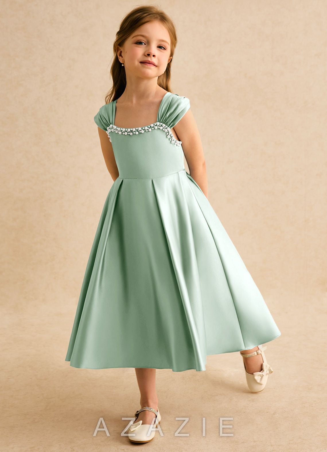 Azazie Yosemite Agave Ball-Gown Sweetheart Neckline Matte Satin Dress agave