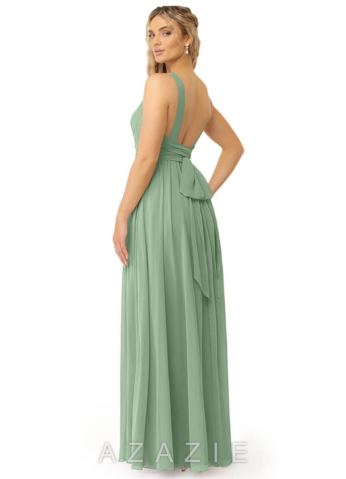 Azazie Kora Matcha A-Line Pleated Chiffon Dress matcha