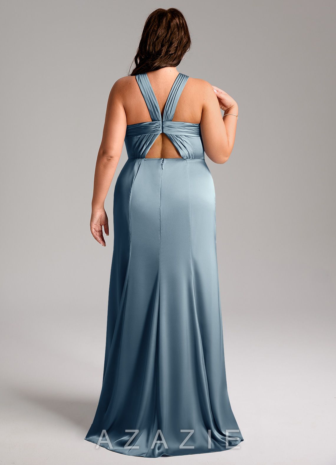 Azazie Rue Dusty Blue Mermaid Pleated Stretch Satin Dress dusty_blue