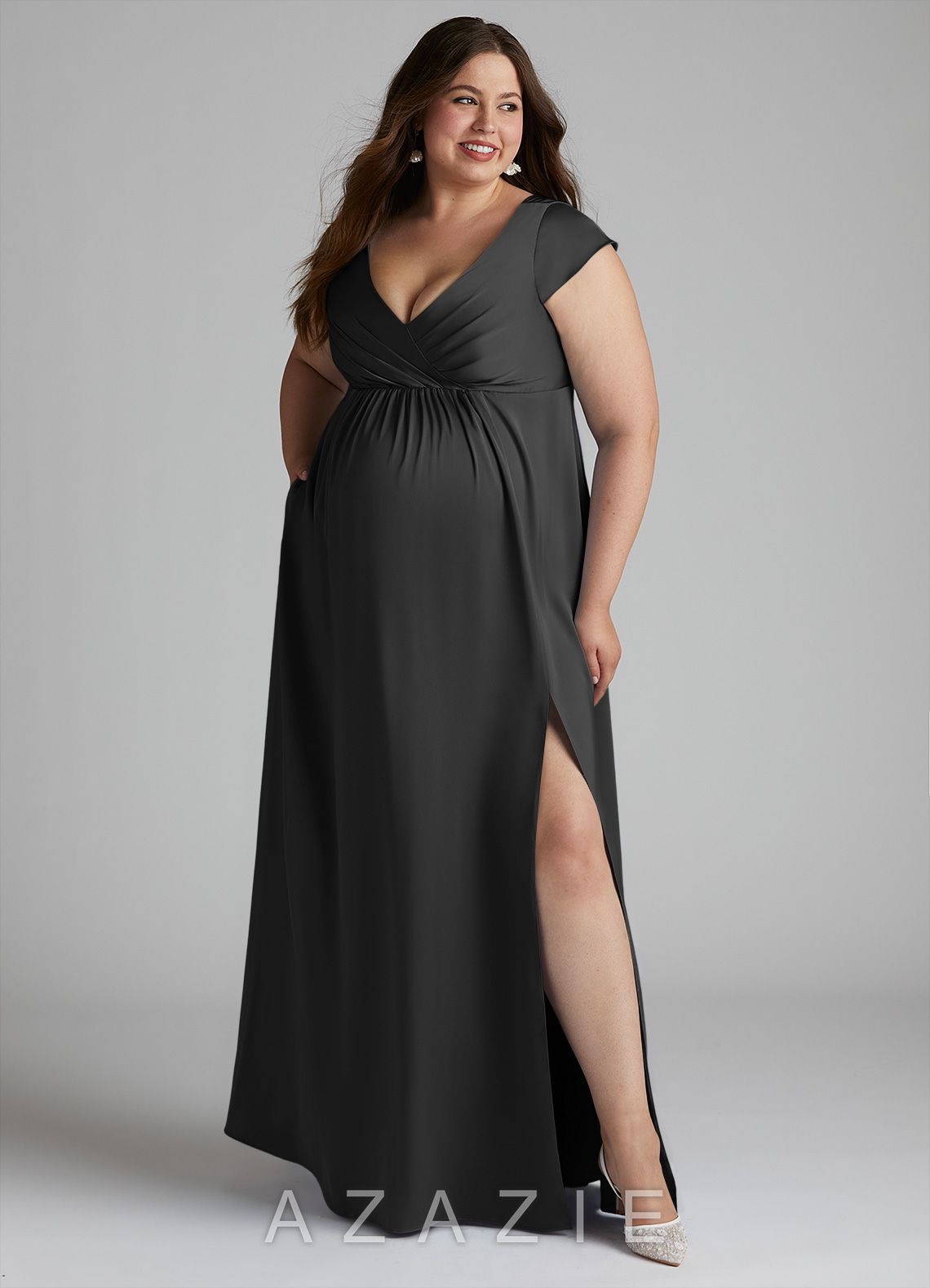 Azazie Allessia Stretch Satin Dress A-Line Pleated Stretch Satin Floor-Length Dress black