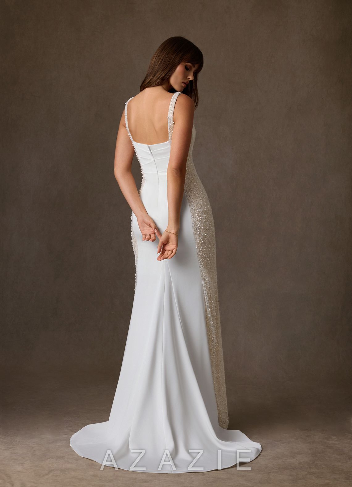 Azazie Shauna Diamond White Champagne Sheath Square Neckline Crepe Back Satin Dress diamond_white/champagne