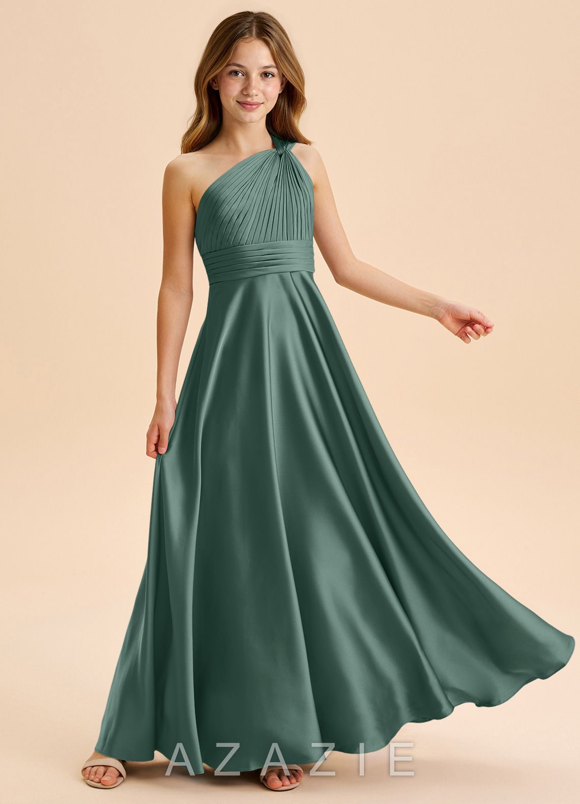 Azazie Charlize Junior Eucalyptus A-Line Pleated Stretch Satin Dress eucalyptus