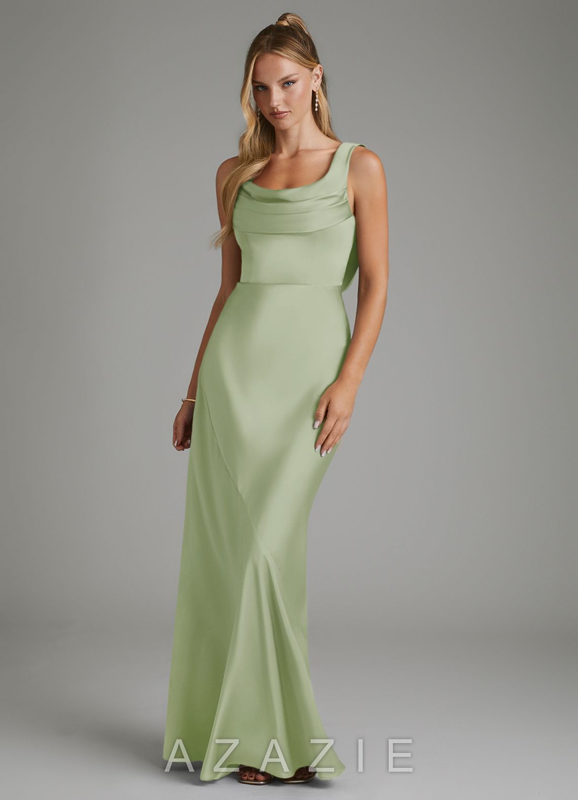 Azazie Elena Dusty Sage Mermaid Pleated Stretch Satin Dress