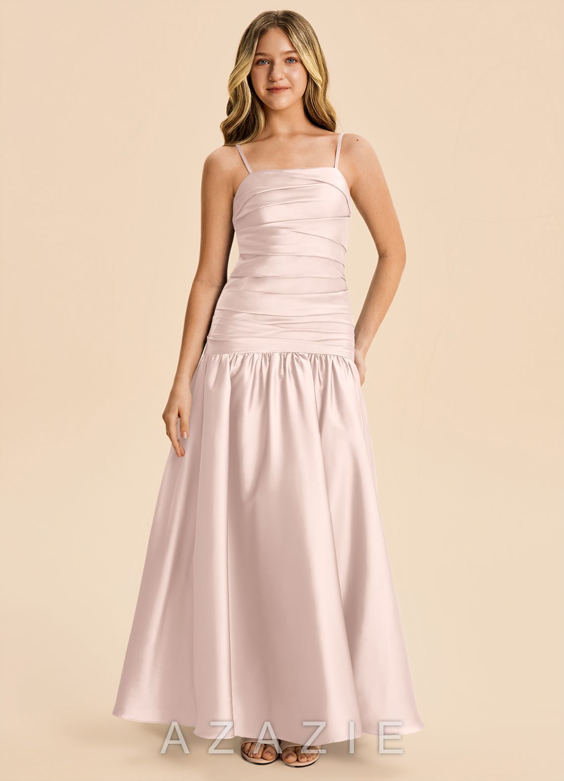 Azazie Romi Junior Blushing Pink A-Line Pleated Stretch Satin Dress blushing_pink