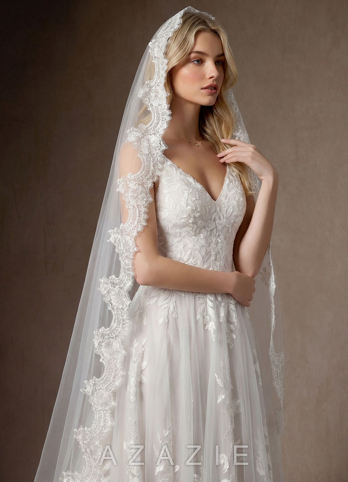 Floral Lace Edge Two Tier Fingertip Wedding Veil with Blusher  diamond_white