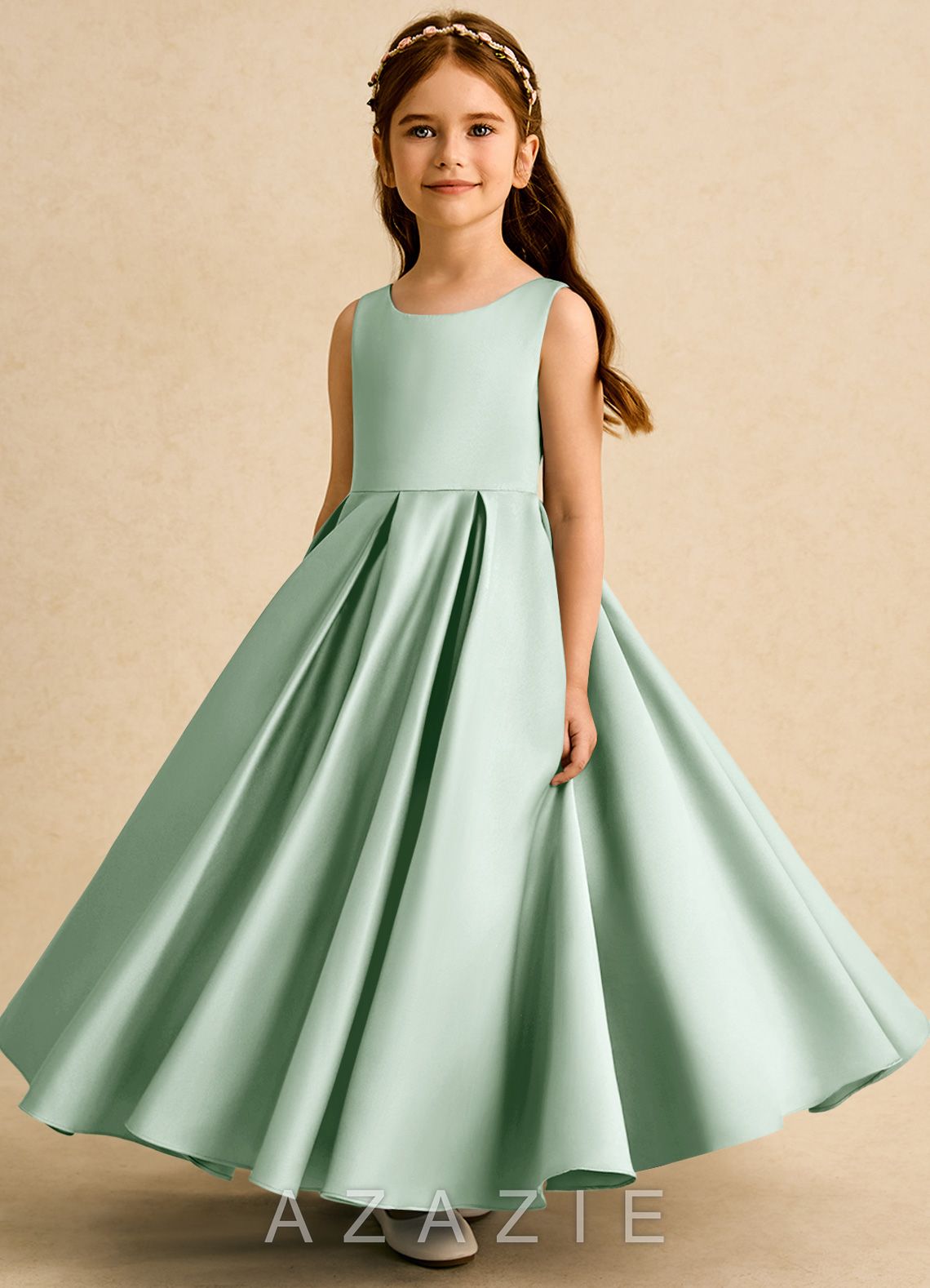 Azazie Pepper Agave A-Line Pleated Matte Satin Dress agave