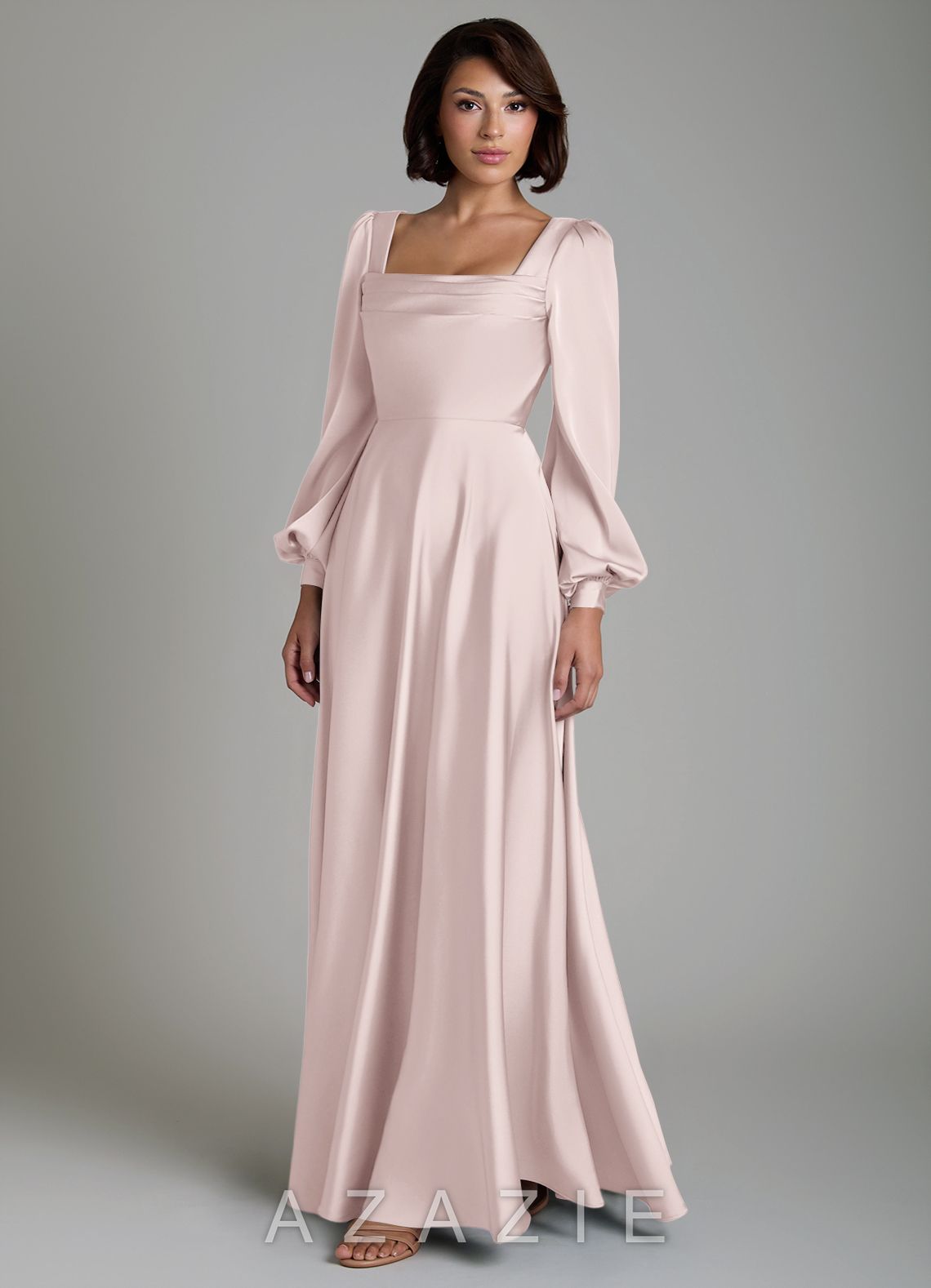 Azazie Solana Blushing Pink A-Line Long Sleeve Stretch Satin Dress blushing_pink