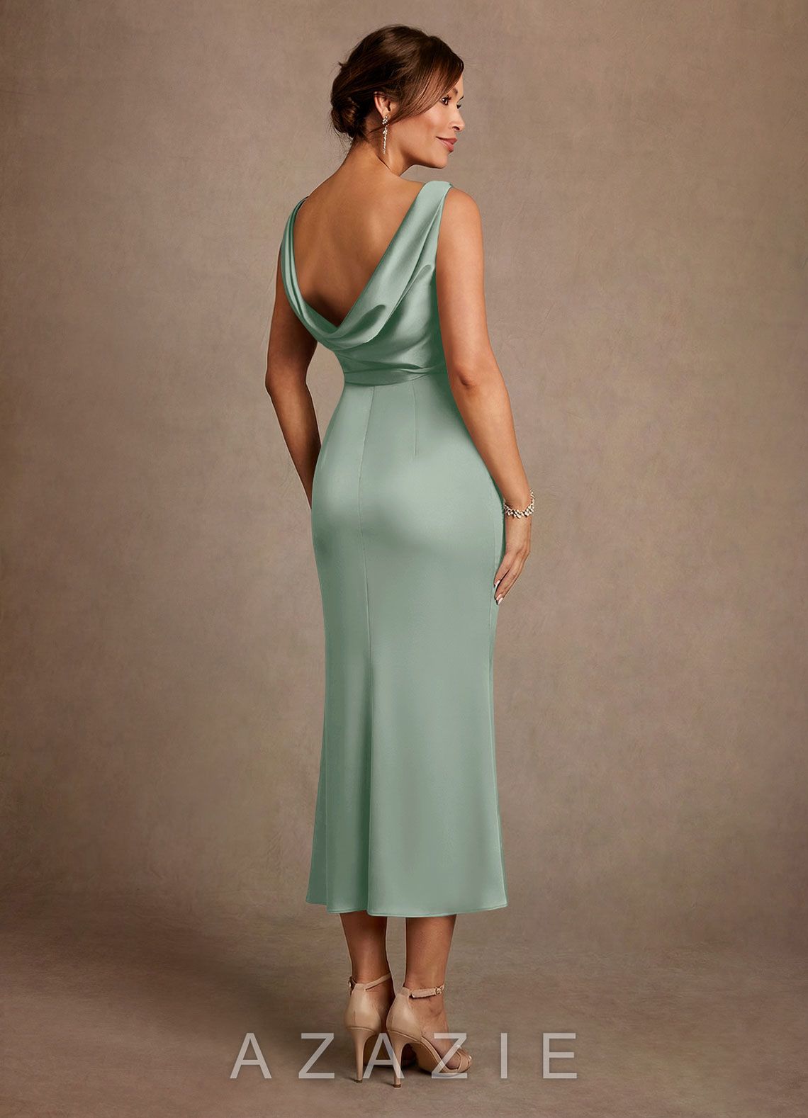 Azazie Mazhe Agave A-Line Pleated Stretch Satin Dress agave