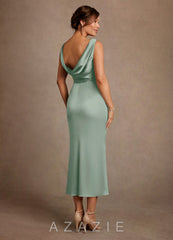Azazie Mazhe Agave A-Line Pleated Stretch Satin Dress agave