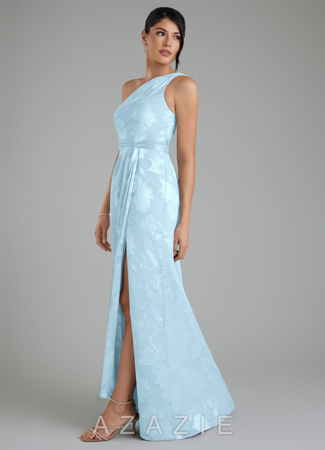 Azazie Apryl Sky Blue A-Line One Shoulder Floral Jacquard Burnout Dress sky_blue