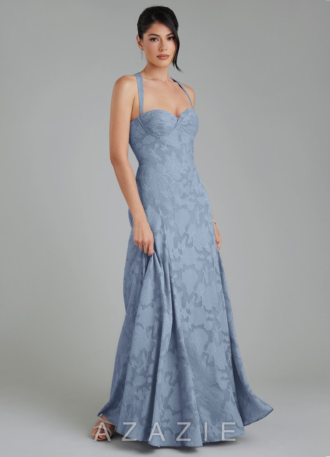 Azazie Bea Dusty Blue A-Line Corset Floral Burnout Dress dusty_blue