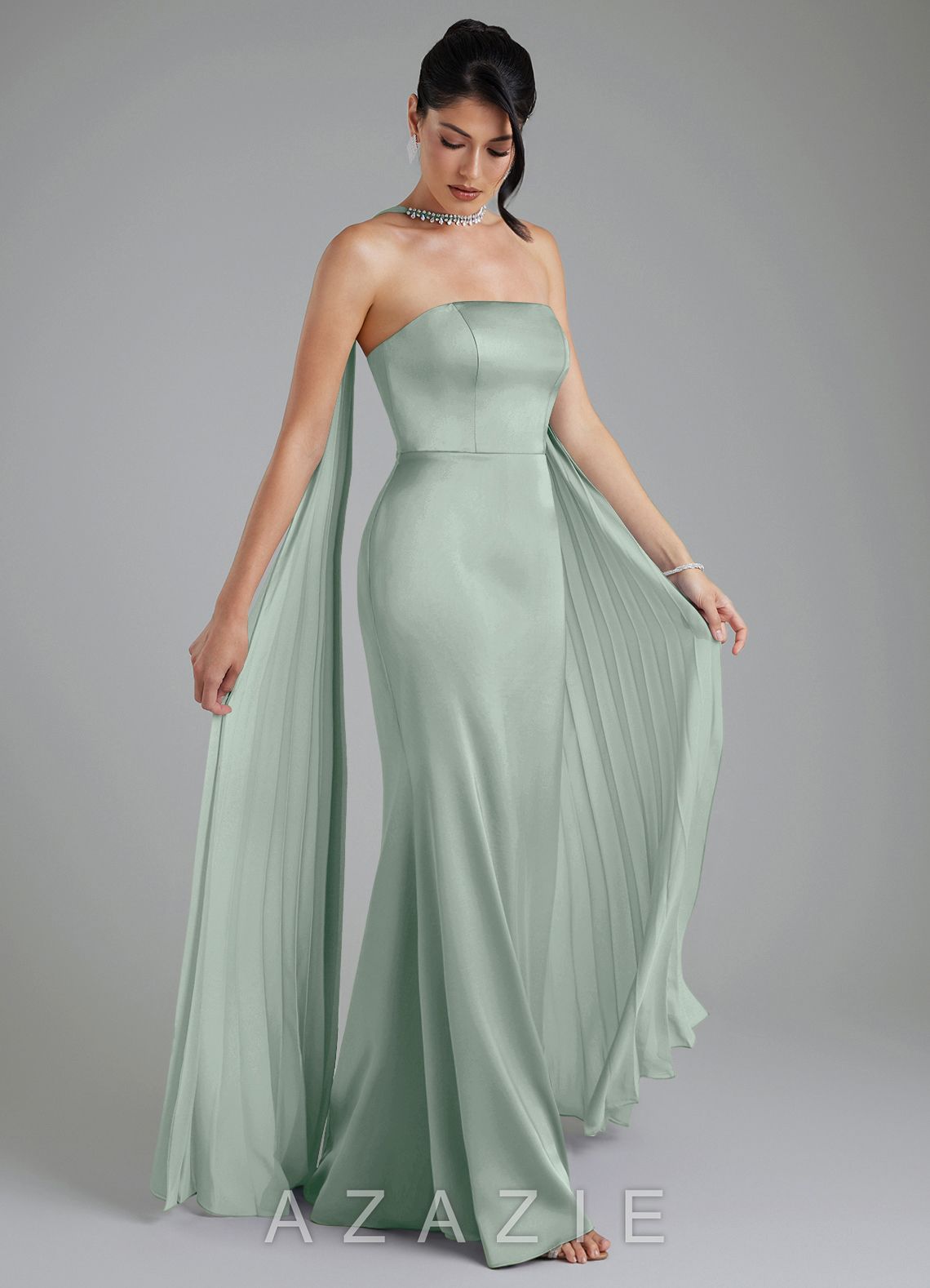 Azazie Tyler Agave Sheath Strapless Stretch Satin Convertible Dress agave