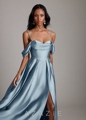 Azazie Loisa Dusty Blue A-Line Off the Shoulder Stretch Satin Dress dusty_blue