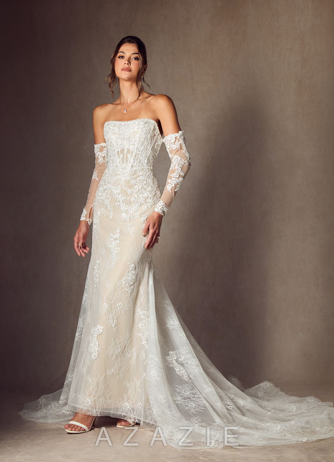 Azazie Caitlin Diamond White Champagne Mermaid Strapless Lace Dress diamond_white/champagne