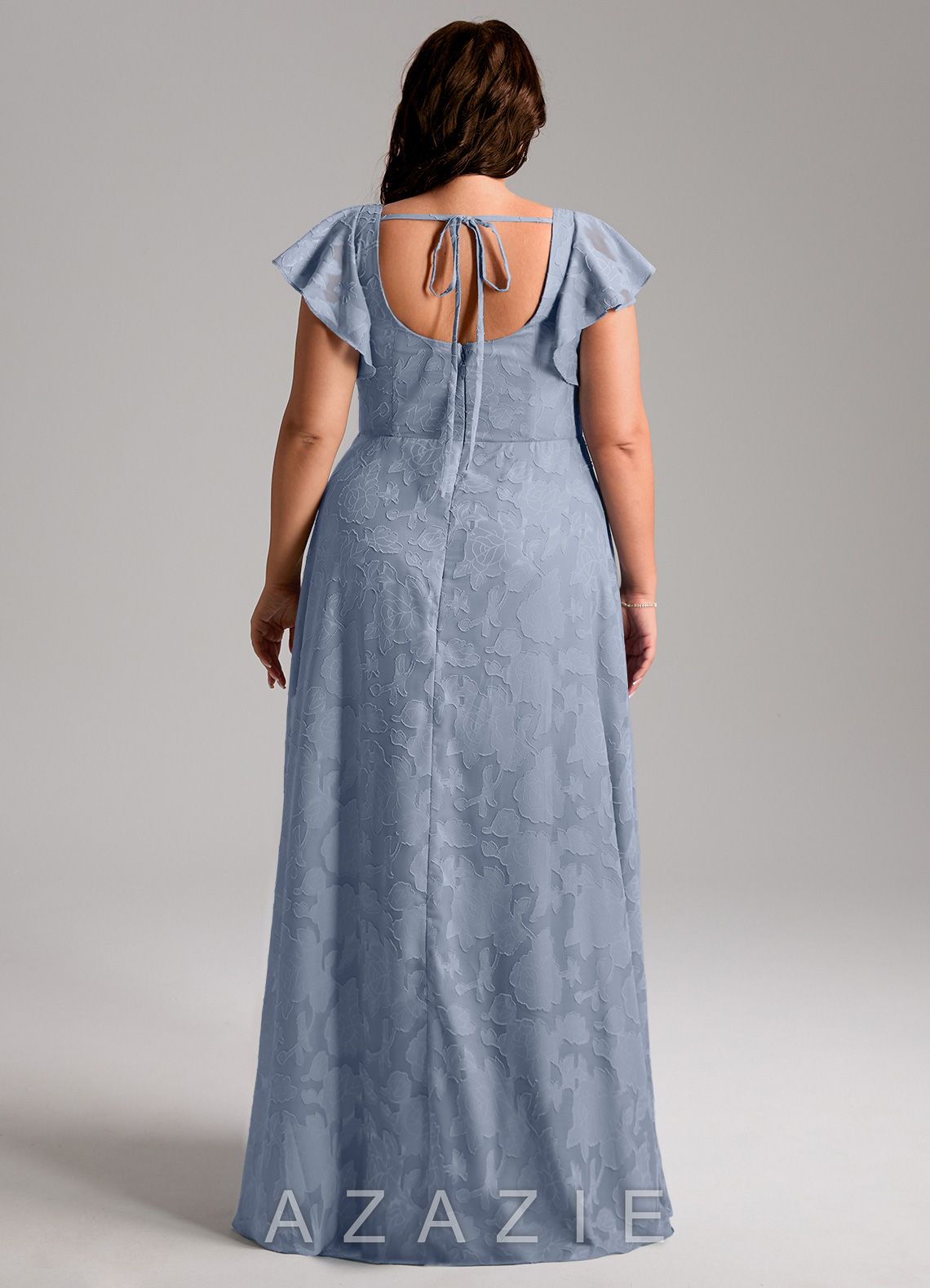 Azazie Bondi Dusty Blue A-Line Side Slit Floral Burnout Dress dusty_blue
