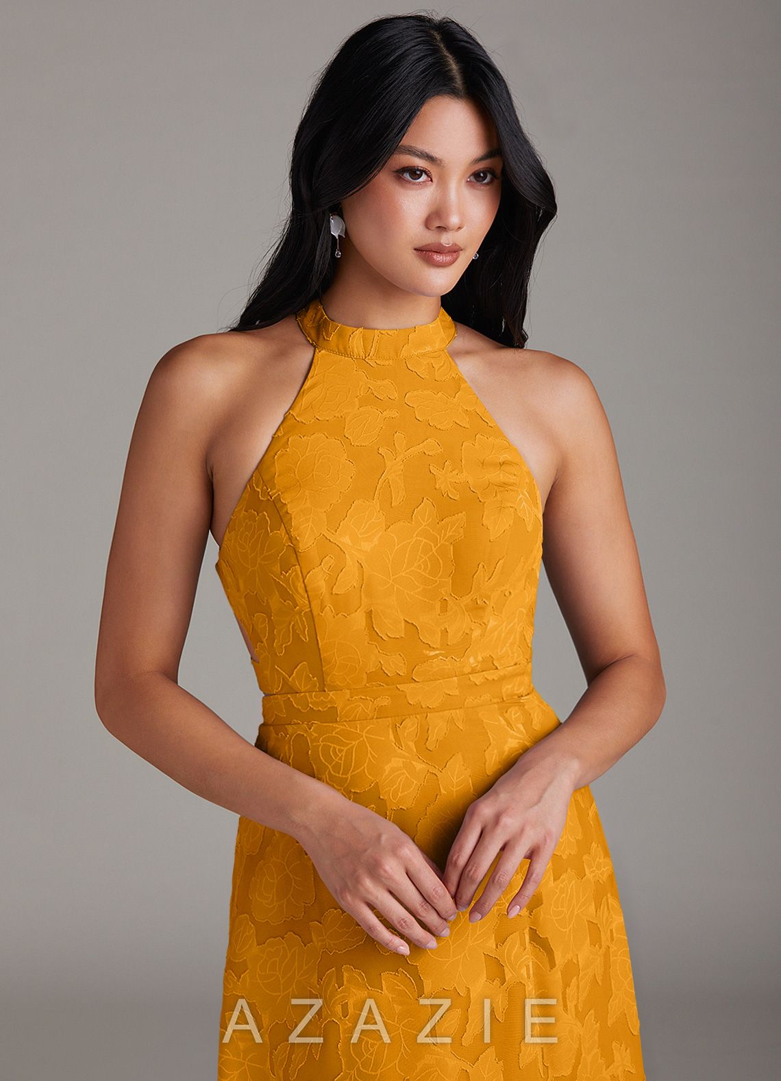 Azazie Clarice Butterscotch A-Line Side Slit Floral Burnout Dress butterscotch