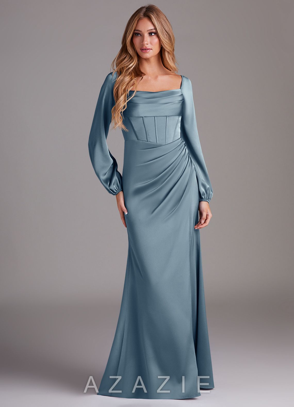 Azazie Charissa Dusty Blue Sheath Long Sleeve Stretch Satin Dress dusty_blue