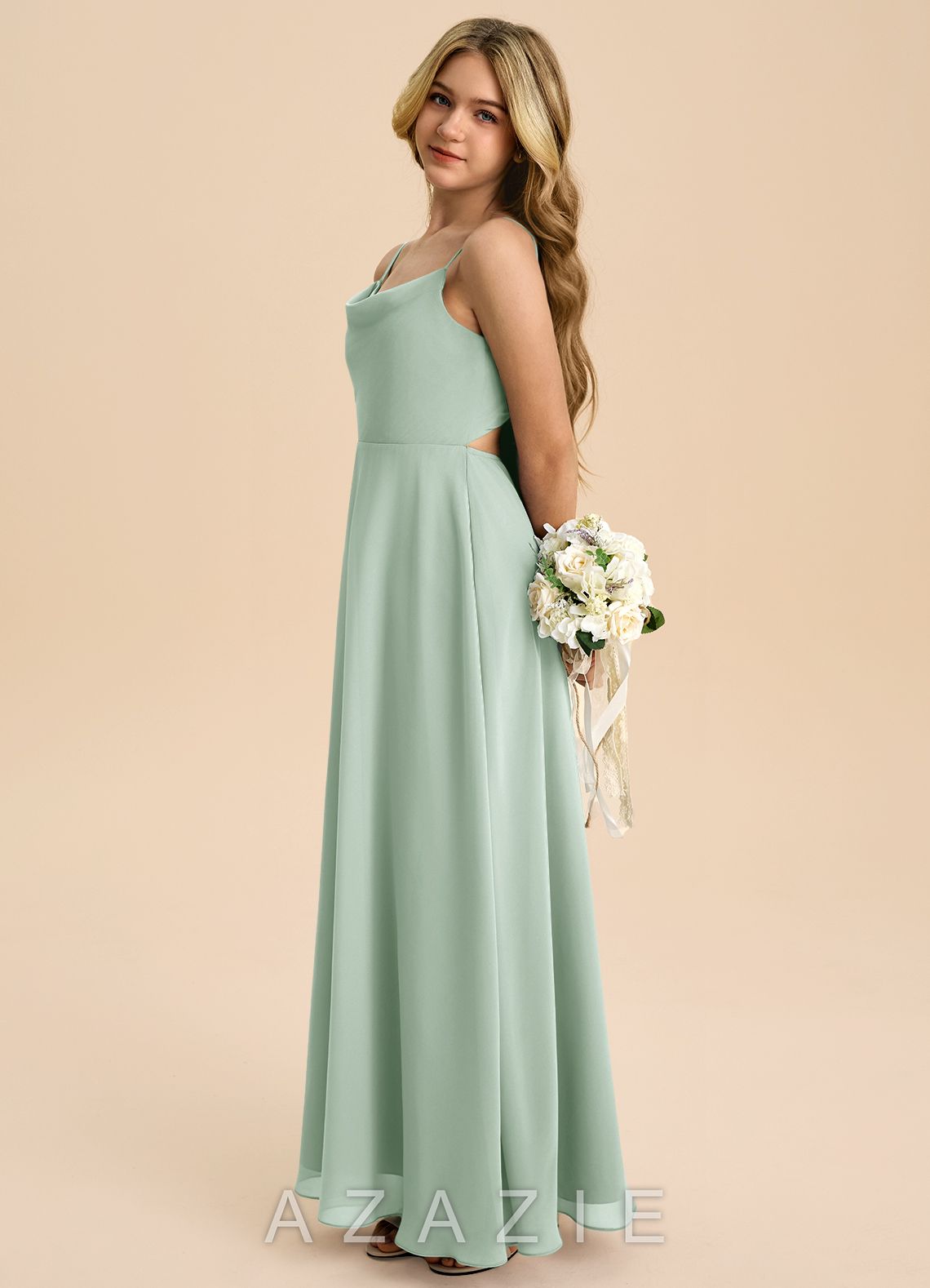 Azazie Shale Junior Agave A-Line Bow Chiffon Dress agave