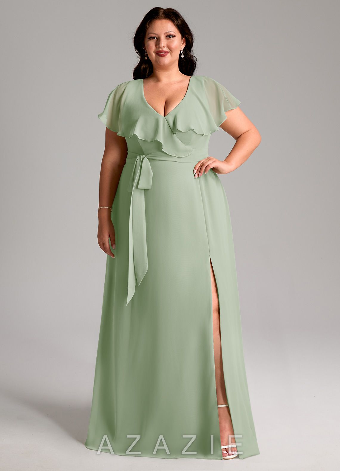 Azazie Lainey Dusty Sage A-Line with Pockets Chiffon Dress dusty_sage