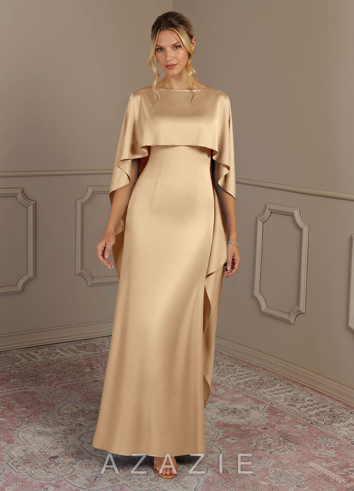 Azazie Eli Champagne Sheath Boatneck Stretch Satin Dress champagne