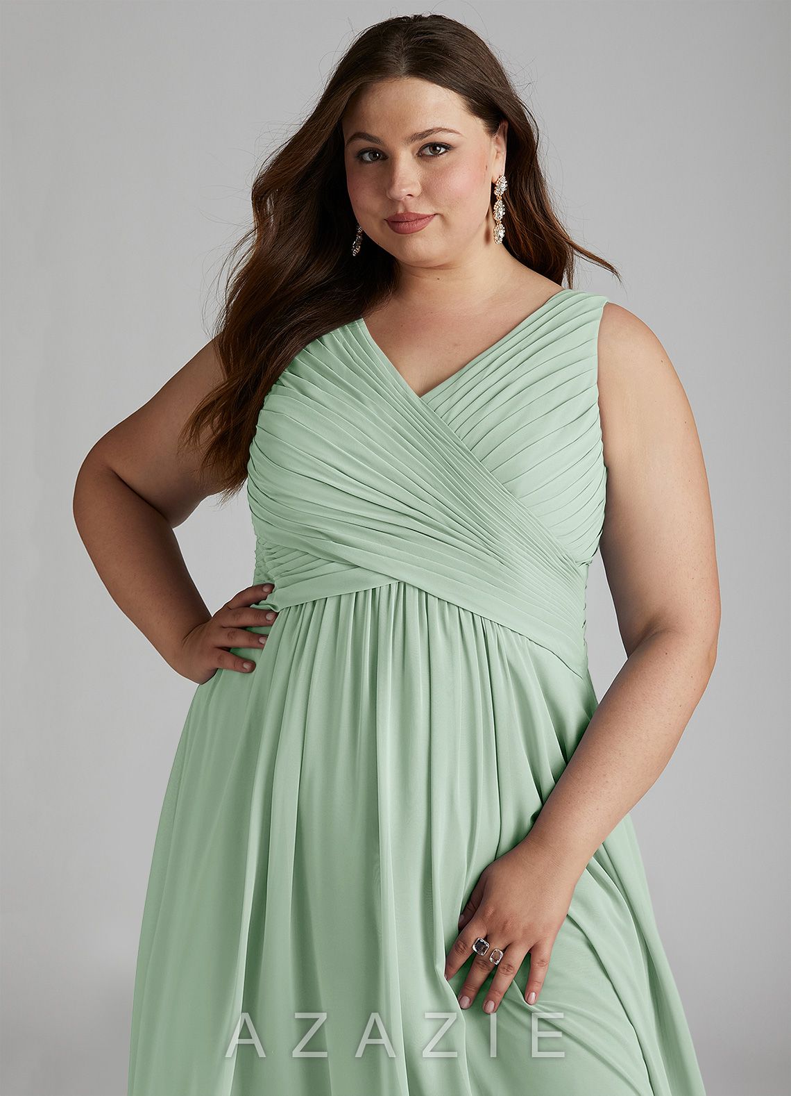 Azazie Flora Agave A-Line Pleated Chiffon Dress agave