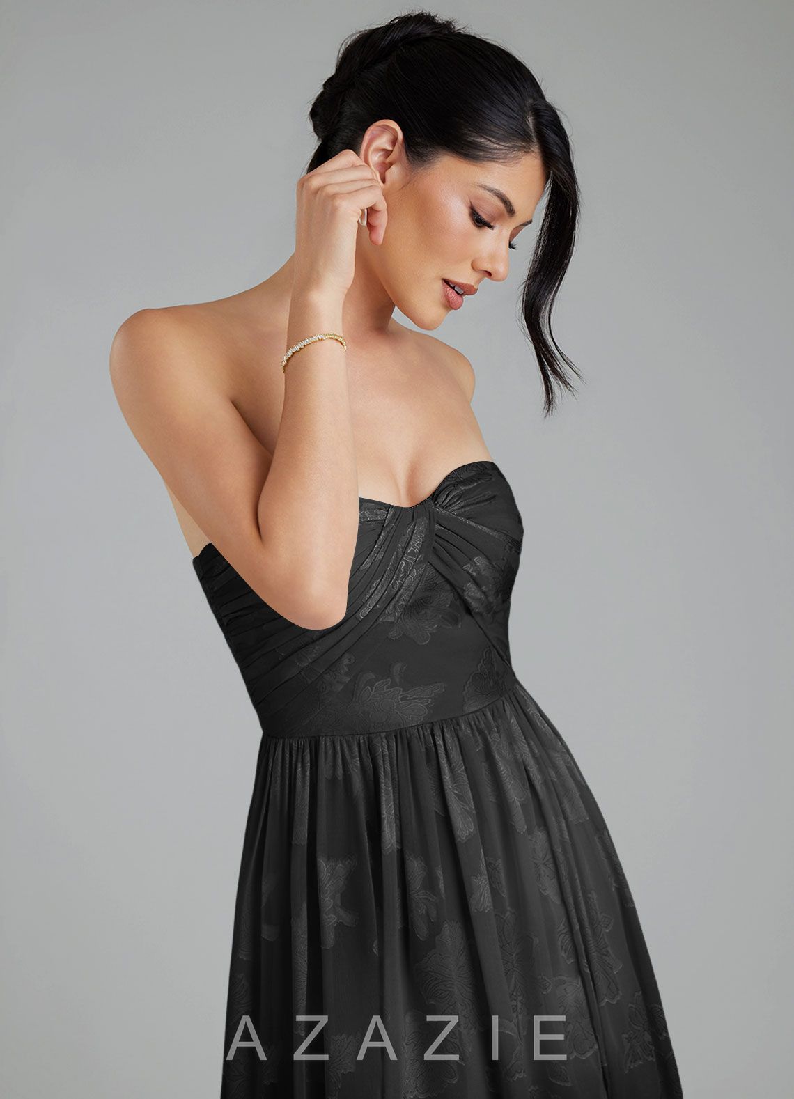 Azazie Helena Black A-Line Strapless Floral Jacquard Burnout Convertible Dress black