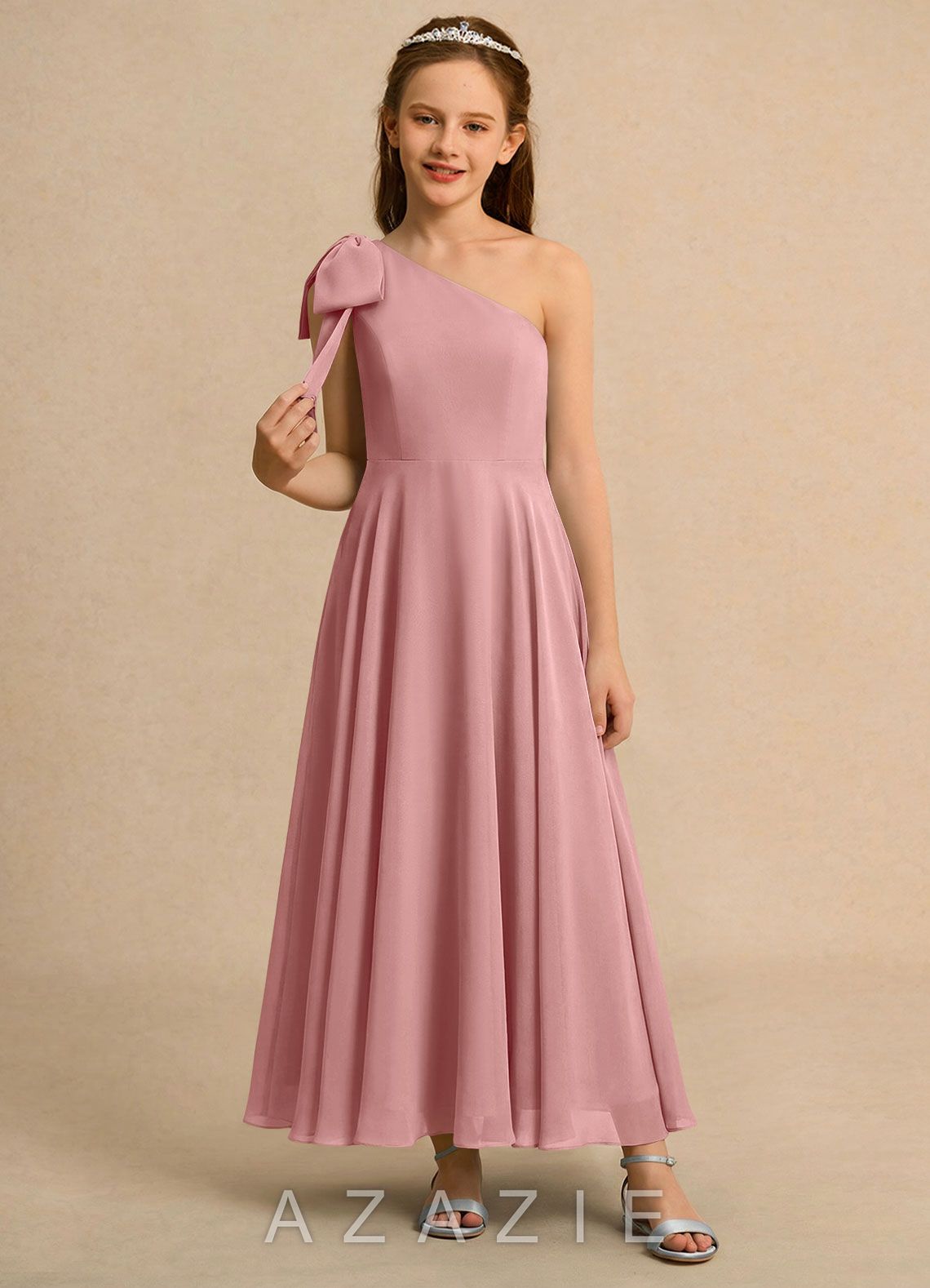 Azazie Guppy Girls Formal Dusty Rose A-Line One Shoulder Chiffon Dress dusty_rose