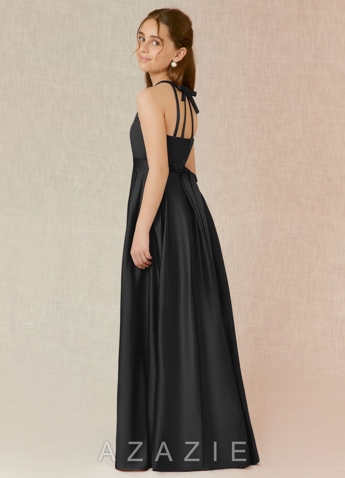 Azazie Arianthe Junior Black A-Line with Pockets Stretch Satin Dress black