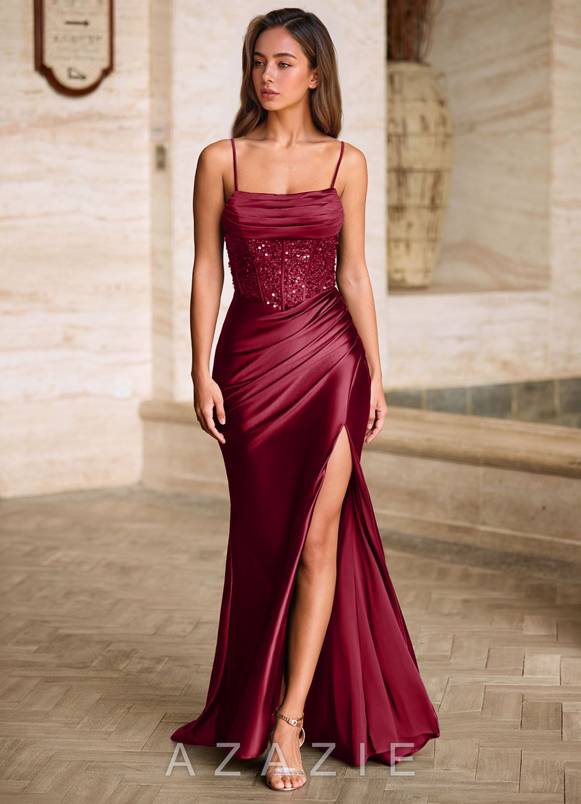 Starlit Burgundy Cowl Neck Sequin Corset Dress