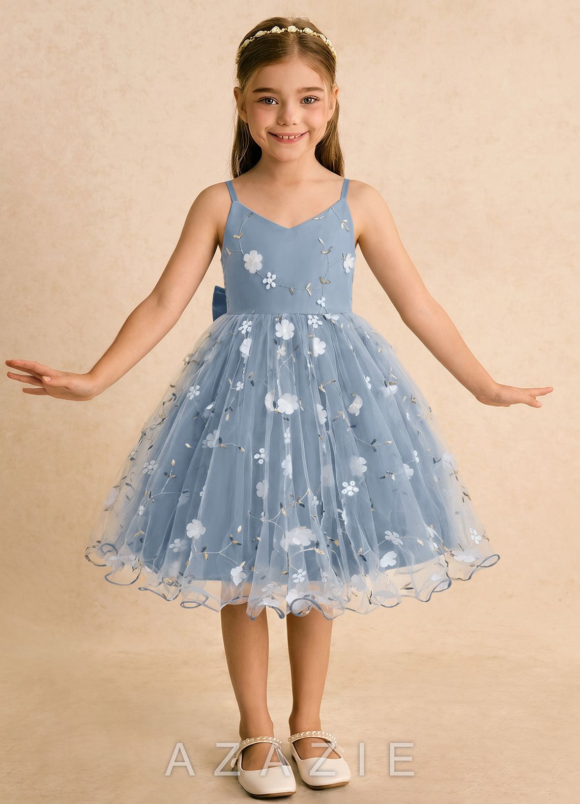 Azazie Junebug Dusty Blue Ball-Gown Spaghetti Strap Tulle Dress dusty_blue