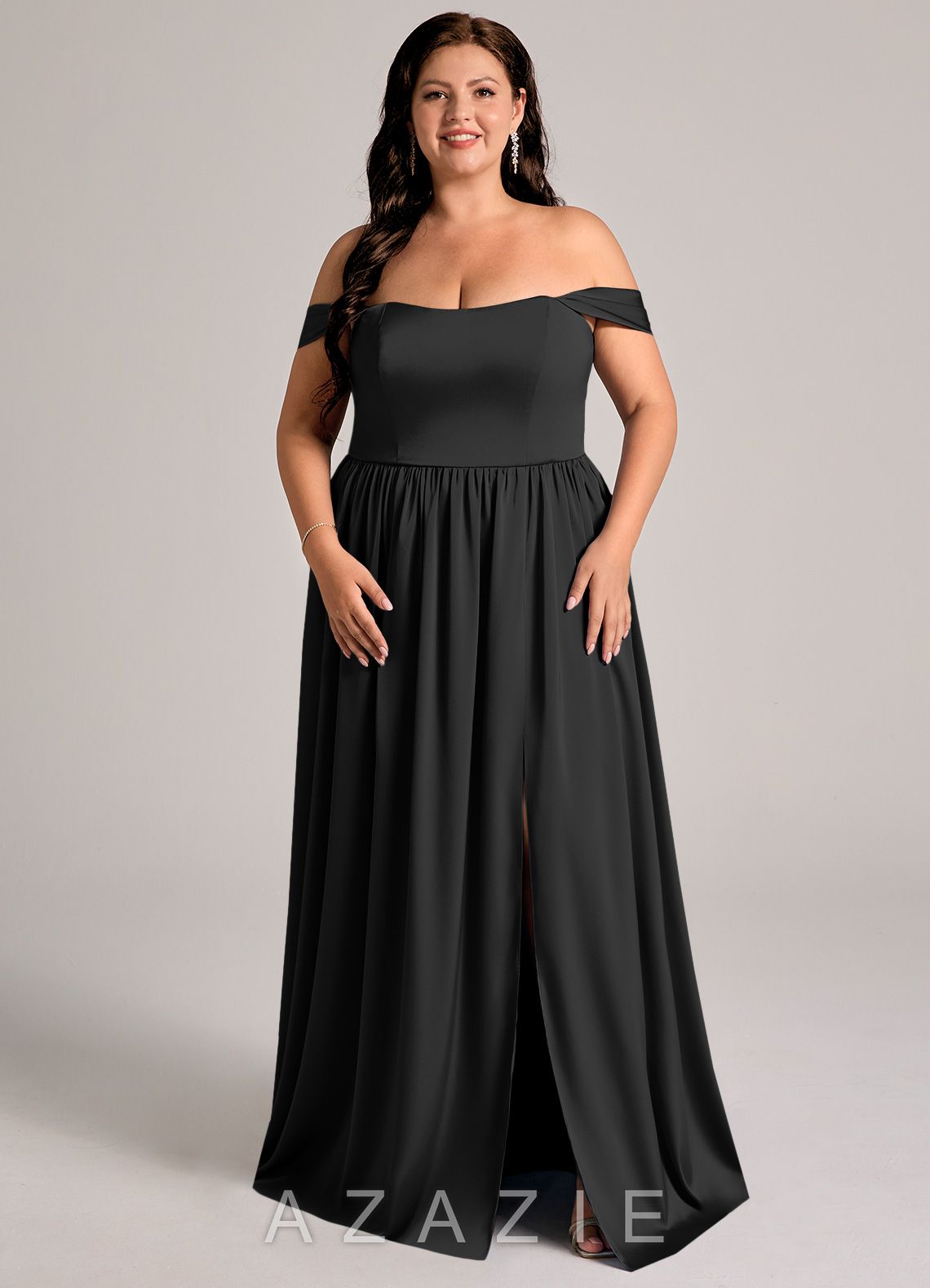 Azazie Calianna Black A-Line Off the Shoulder Stretch Satin Convertible Dress black