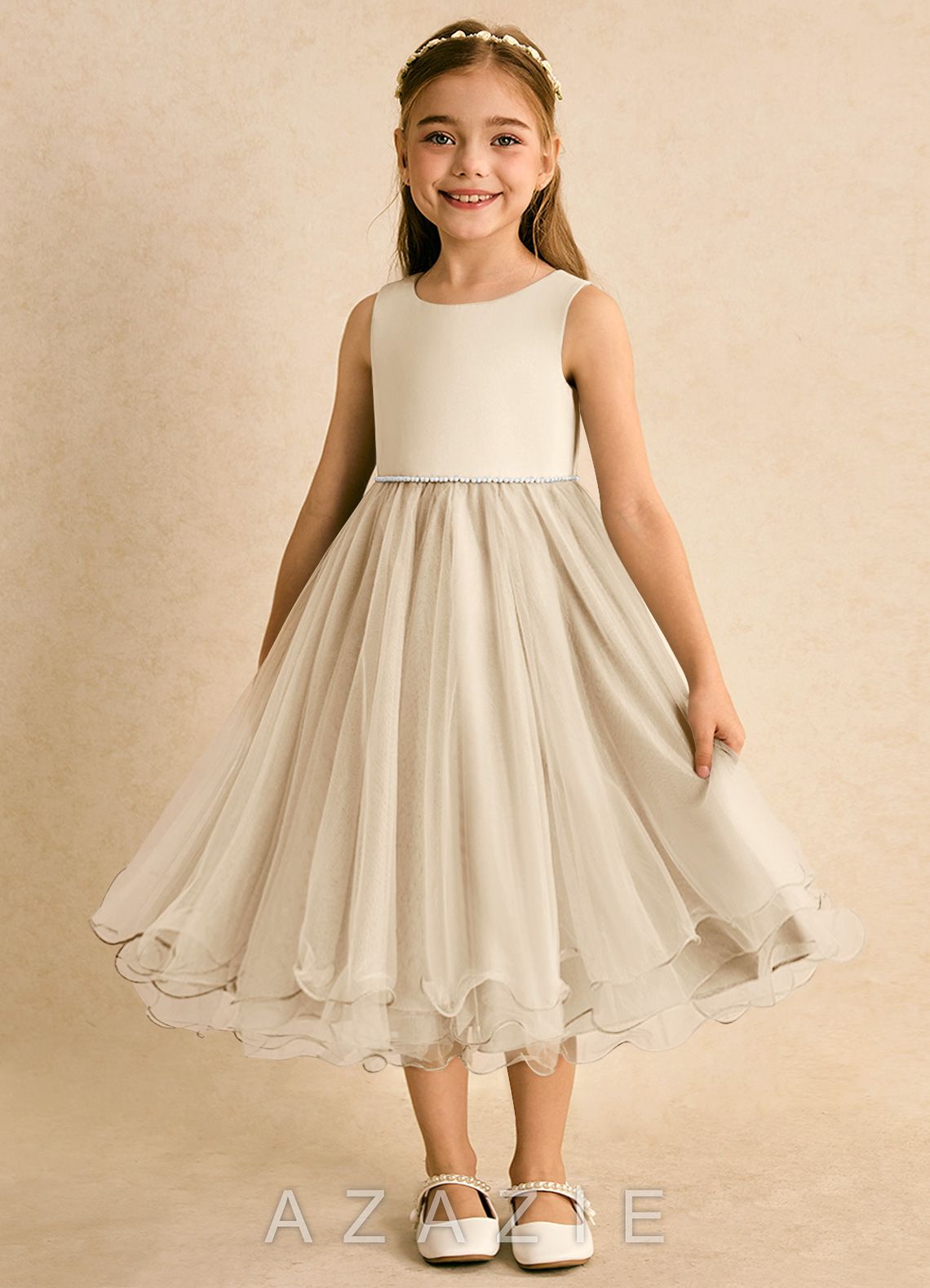 Azazie Lass Champagne A-Line Bow Tulle Dress champagne