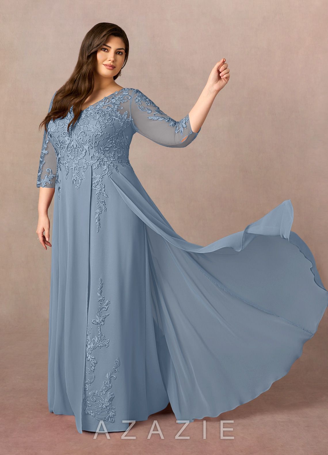 Azazie Noella Dusty Blue A-Line V-Neck Lace Chiffon Dress dusty_blue