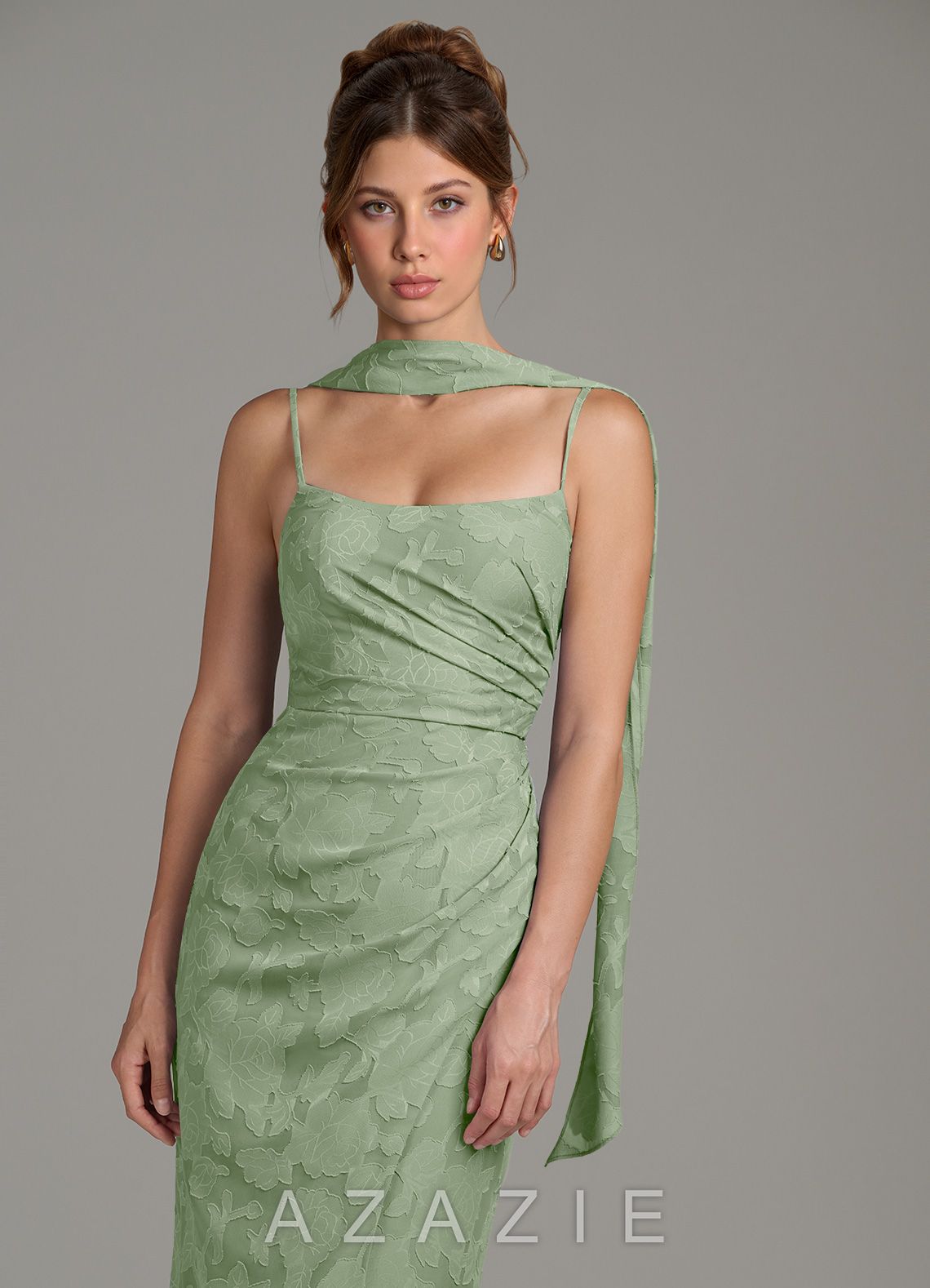 Azazie Calandra Dusty Sage Sheath Pleated Floral Burnout Dress dusty_sage