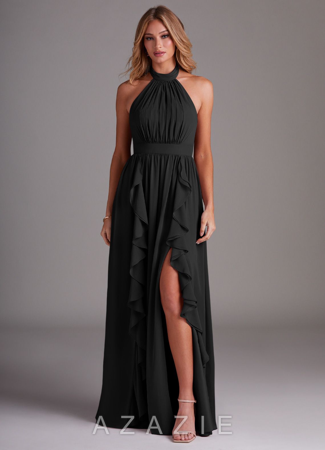Azazie Avary Black A-Line Pleated Chiffon Dress