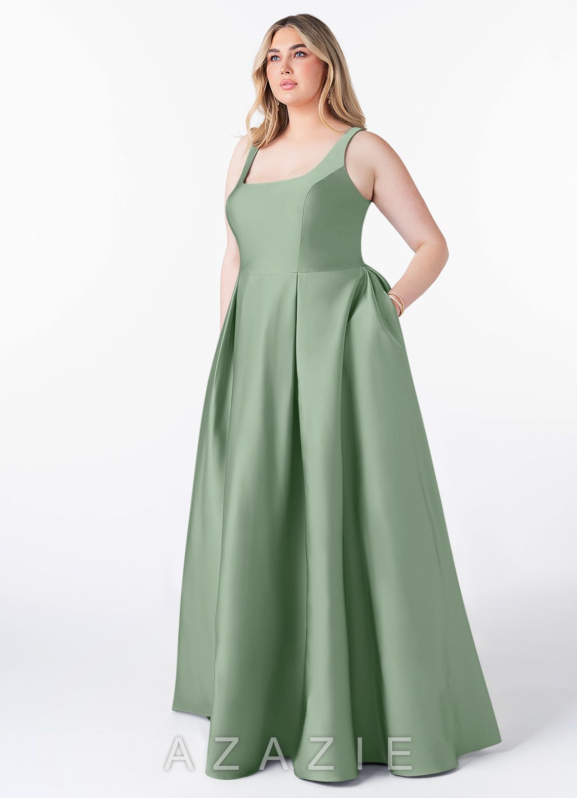 Azazie Neve Matcha Ball-Gown with Pockets Stretch Satin Dress matcha