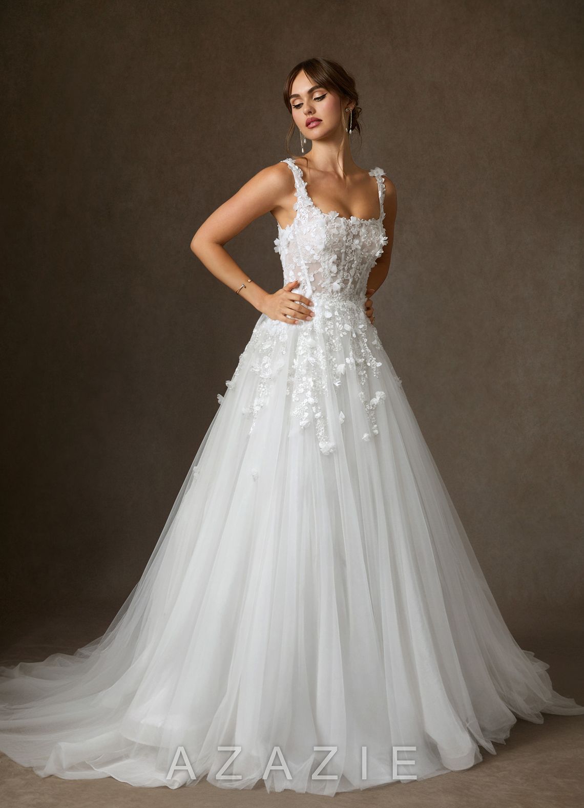 Azazie Sabine Diamond White Ball-Gown Square Neckline Lace Dress diamond_white