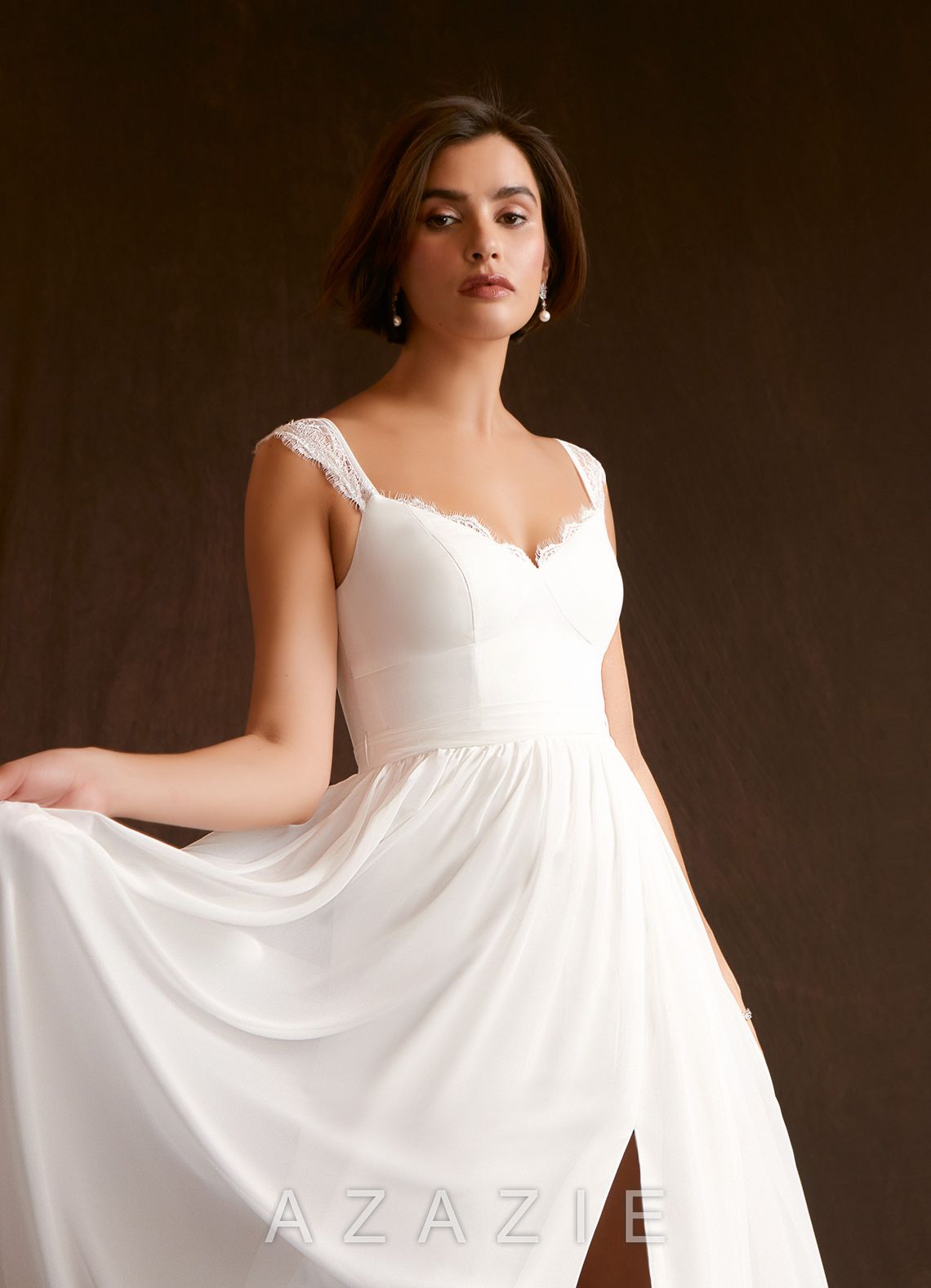Azazie Aubriella Wedding Dress Diamond White A-Line Lace Chiffon Dress diamond_white