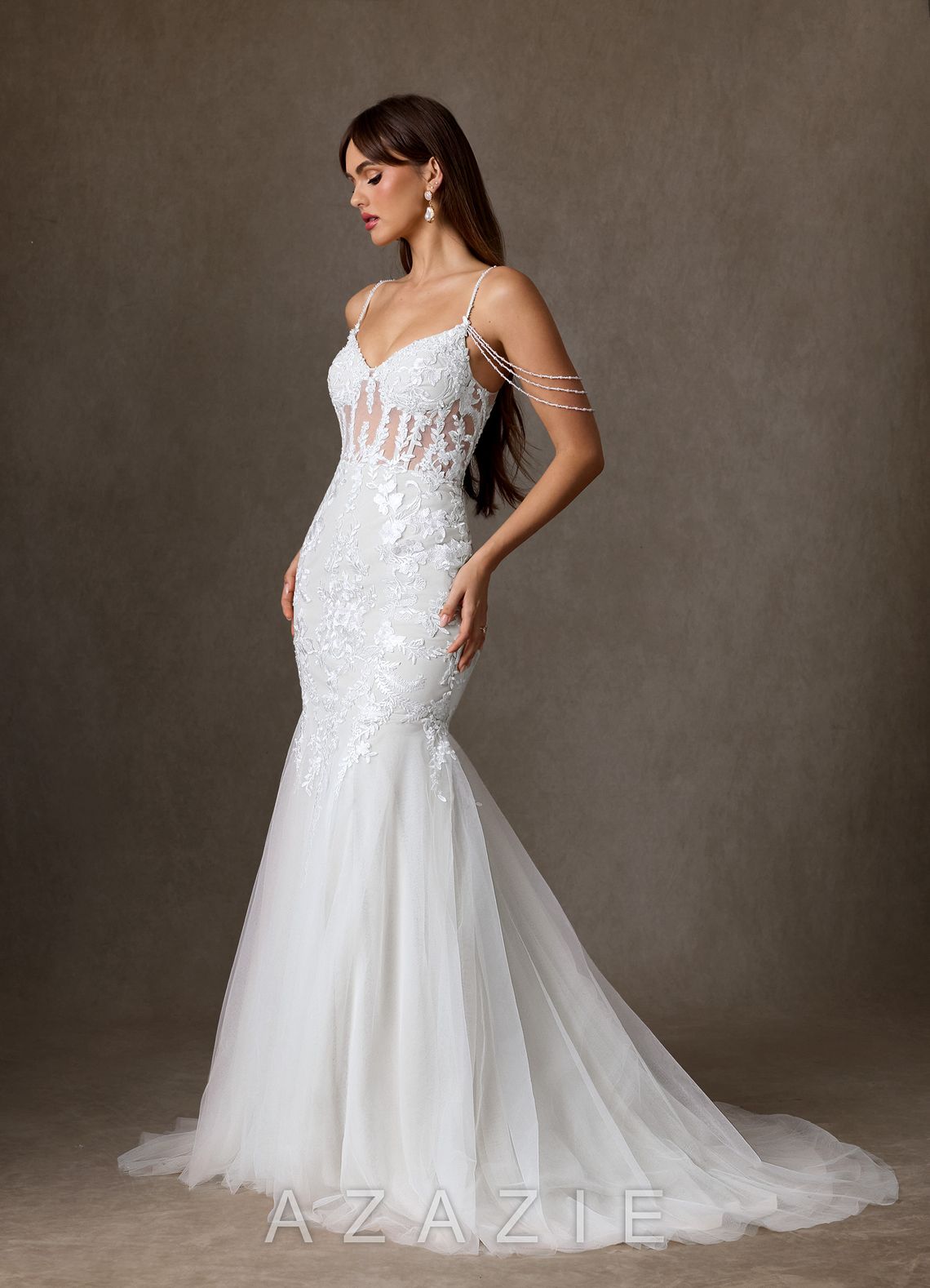 Azazie Denise Wedding Dress Diamond White Mermaid Sequins Tulle Dress diamond_white